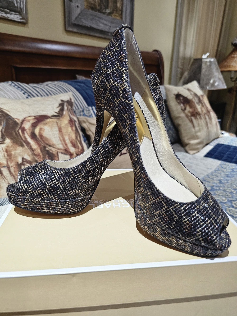 MICHAEL Michael Kors Black & Gold Cheeta Tweed Peep-Toe Platform Pumps